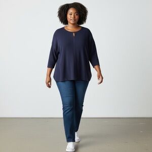 NWT Soft Surroundings Sweater Top Womens 1X Blue Ribbed Key Hole 3/4 Sleeves